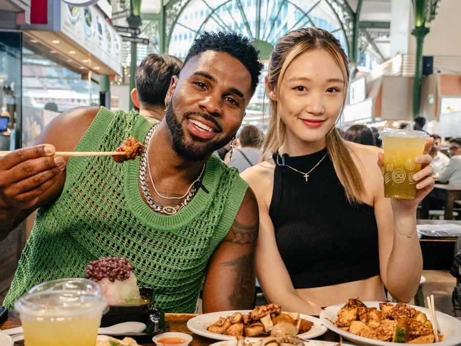 Denise Teo filming lunch with Jason Derulo at Lau Pa Sat