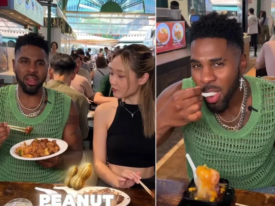 Jason Derulo and Denise Teo tasting local dishes at Lau Pa Sat