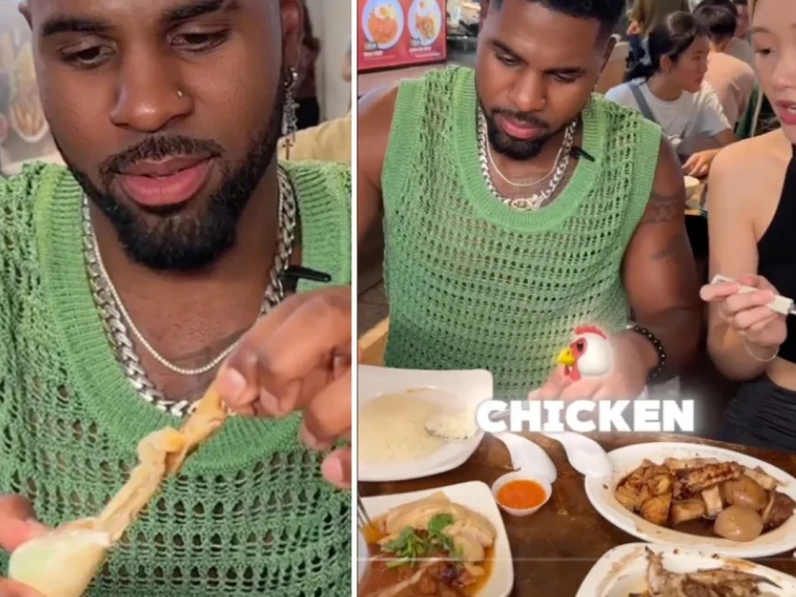 Jason Derulo trying local food at Lau Pa Sat